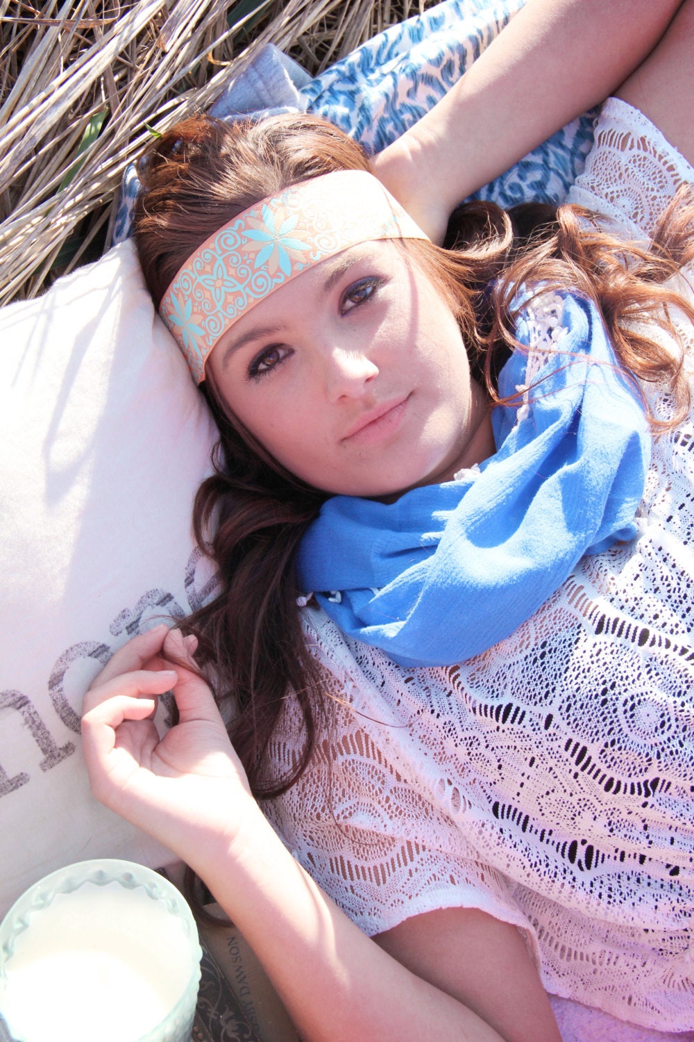 Mint and Peach Pinwheel Wide Bohemian Headband, Floral