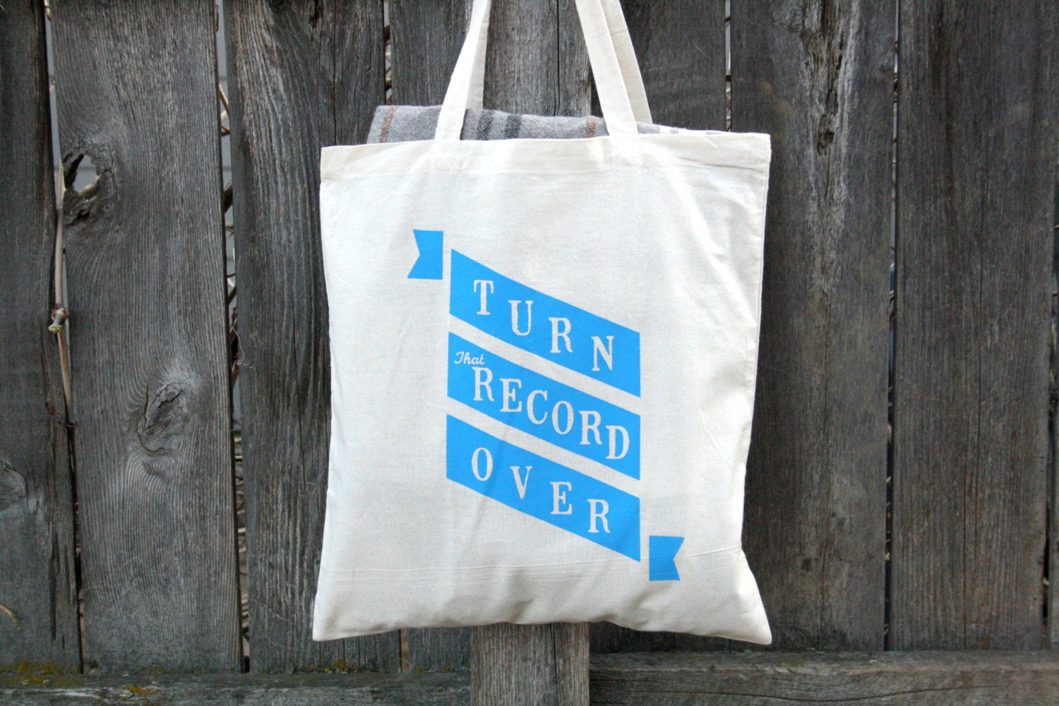SALE Canvas Market Tote "Turn That Record Over" banner in peacock blue on Natural Canvas