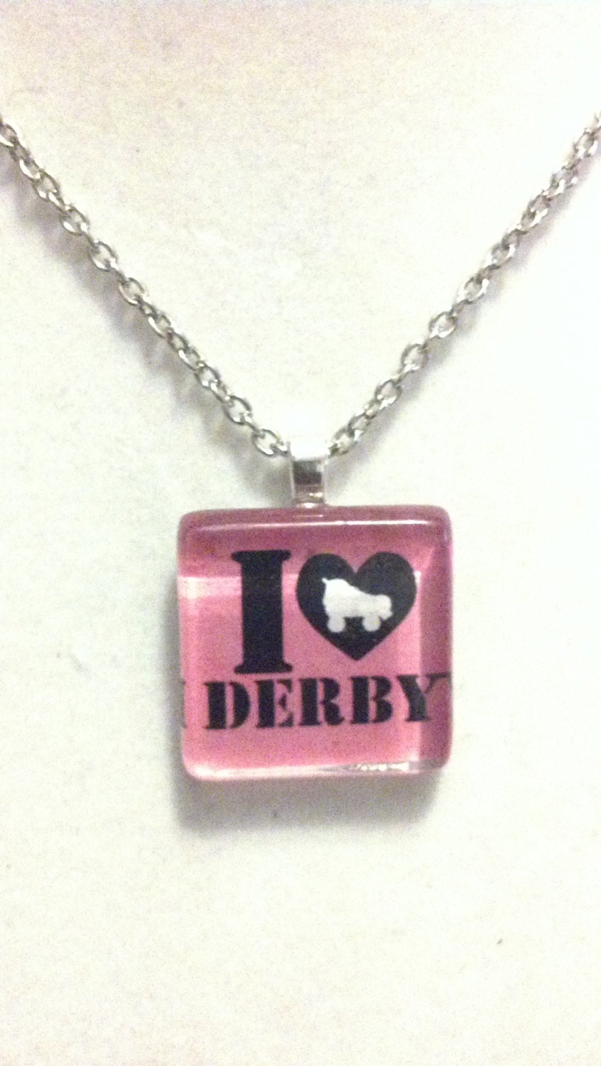 I Love Derby Glass Tile Necklace ( Roller Derby Pride) Various Colors