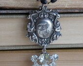 English Society -Vintage assemblage necklace sterling rosary beads rhinestones assemblage jewelry - by French Feather Designs.