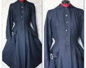 Vintage 1940's Navy Blue Princess Cut Dress Coat with Rhinestone Buttons XS/Small
