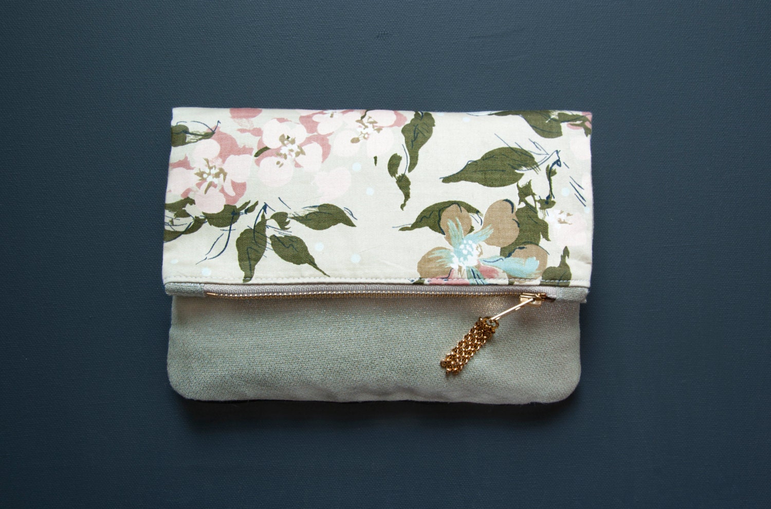 BLOSSOM Shimmer Fold Clutch. Cherry Blossom and Silver Linen Wedding Clutch
