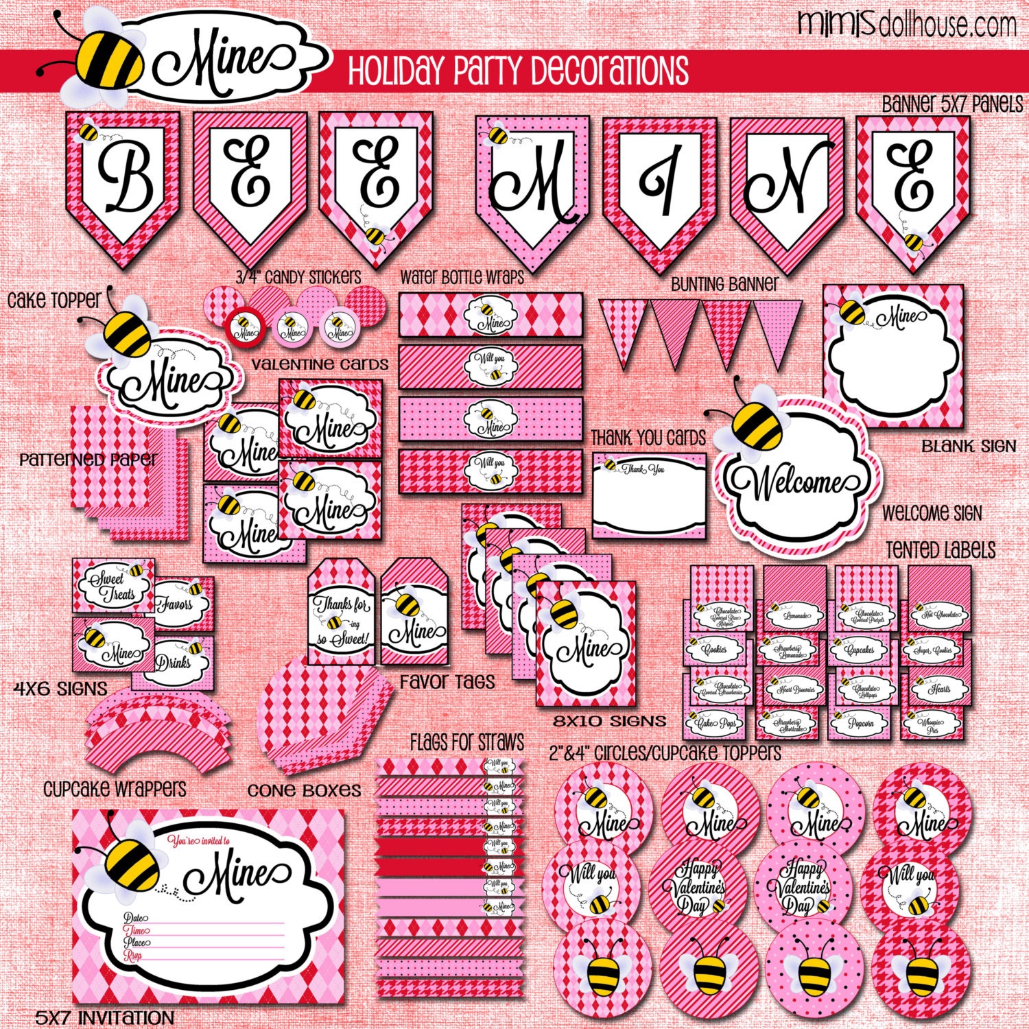 Valentine's Day Party Decorations- Printable Bee Mine Valentine Party Decorations-Bee Mine Party PDF/JPEG Il_570xn