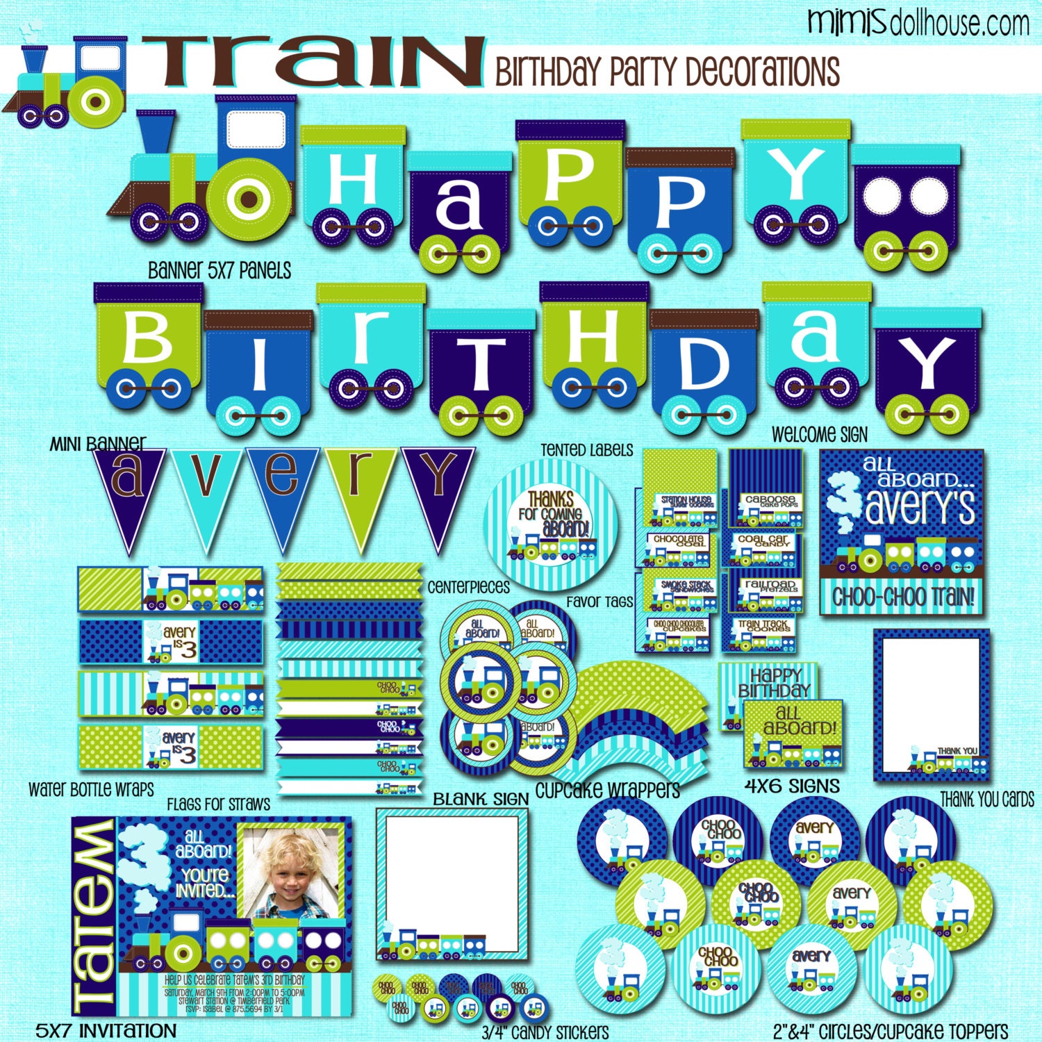 Train Party Decorations- Printable Train Birthday Party Decorations-Blue Train Party PDF Il_570xn
