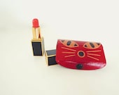 Cat lipstick holder with mirror. tooled dark red leather . early 90s vintage