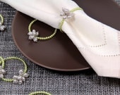 Beaded Napkin Rings in Green and White Pearl Flowers Set of Six
