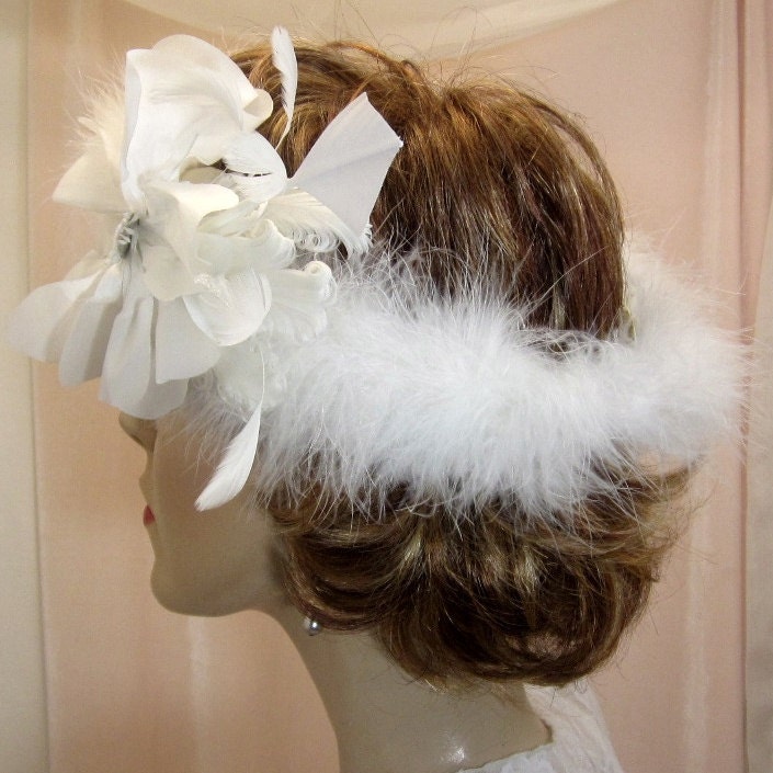 Winter bride's flapper headpiece in white with big flower ornament