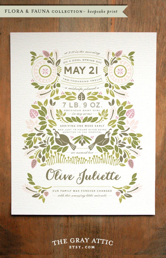 Custom Birth Story Keepsake Print - (Flora & Fauna - Spring) - 8x10 - Modern, Contemporary
