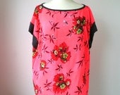 Neon orange chiffon top, oversized blouse, box tshirt, one size, floral print, red black green brown print