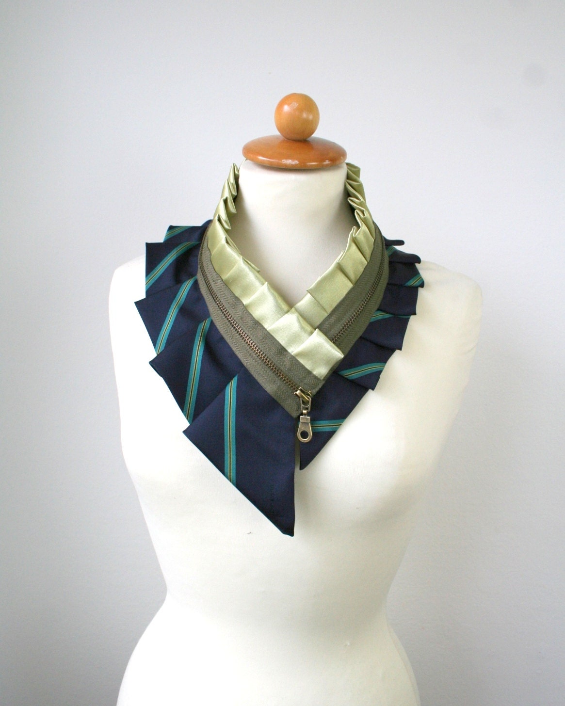 Striped collar necklace, fashion statement necklace, navy blue black and shades of green, eco fashion (58)
