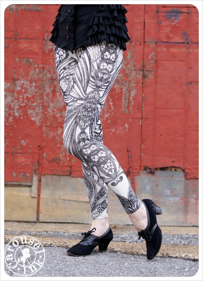 Filigree Art Nouveau Leggings by Carousel Ink -  IVORY Womens Legging - Printed Tights - MEDIUM