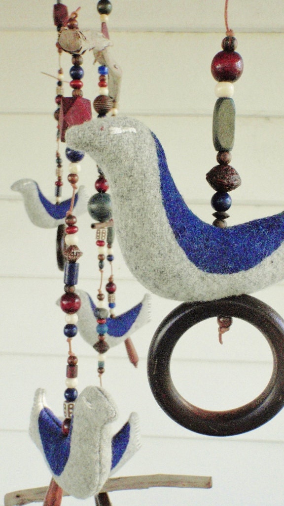 Bird Mobile Hanging Beads Boy Girl Eco Friendly Unisex Wooden Branches Home Decor Baby Mobile Natural Navy Blue