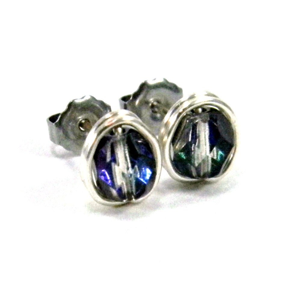 Crystal Volcano Earrings  Czech Glass Beads in Shifting Blue & Purple  Wire Wrapped in Nickel Free Silver  Hypoallergenic Jewelry