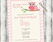 owl baby shower invitations, pink chevron baby shower invitation with owls, pink and brown, Digital, Printable file (item18a)