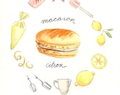 Lemon Macaron Recipe - Hand-painted Watercolor print 5 x 7 - Paris French Laduree Herme Bakery Citron