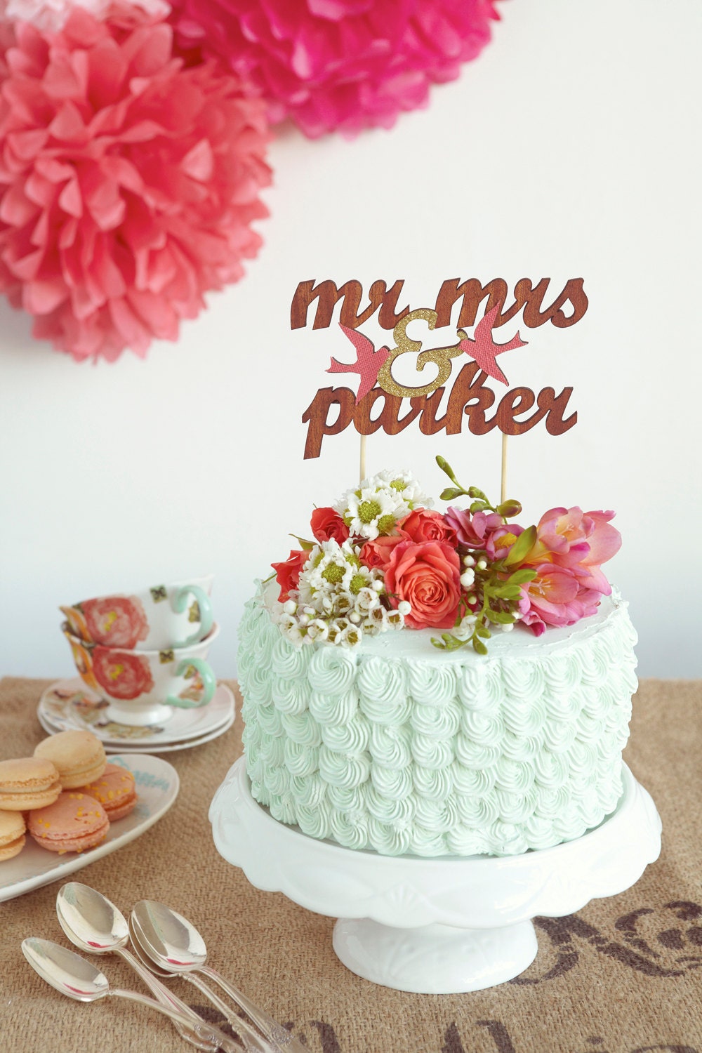 Custom Whimsical Wedding Cake Topper with Party Pink Love Birds
