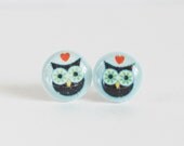 LITTLE OWL - Stud Earrings - Blue Black Owl Post Earrings - Polymer Clay and Resin Earring Posts - Round Studs