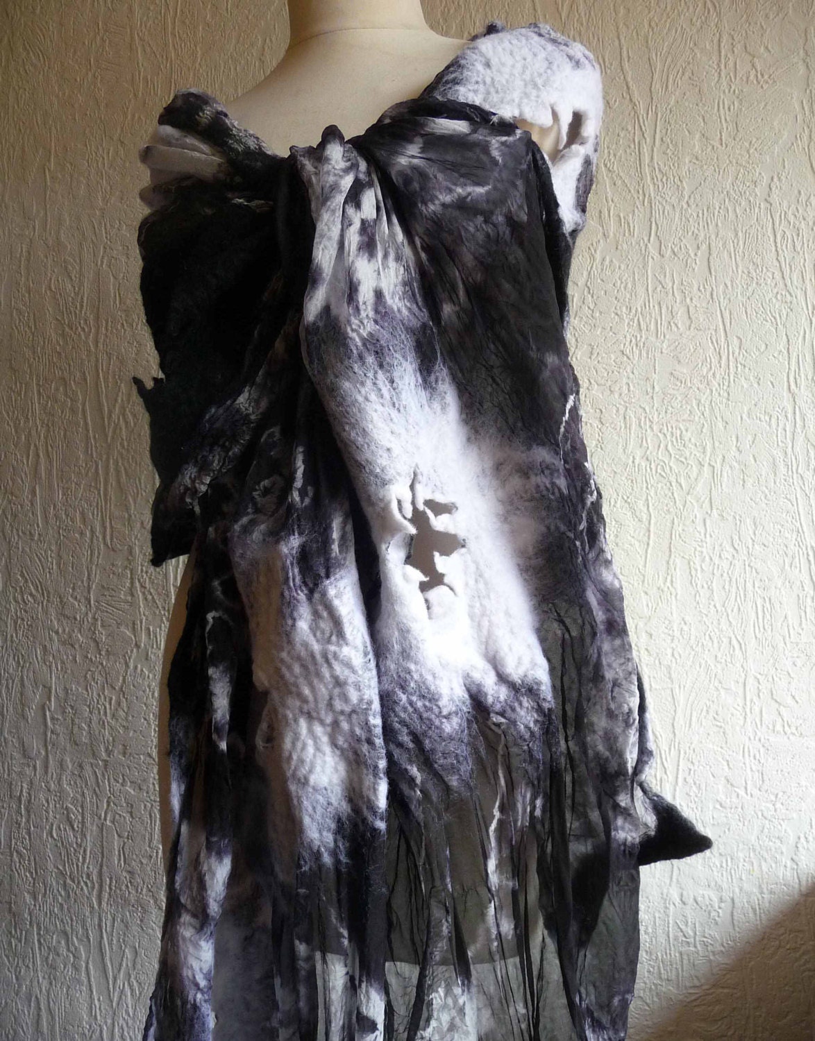 nuno felted scarf, wrap, summer scarf, art to wear, handmade,silk pongee, wool, felt, black, white, ready to ship