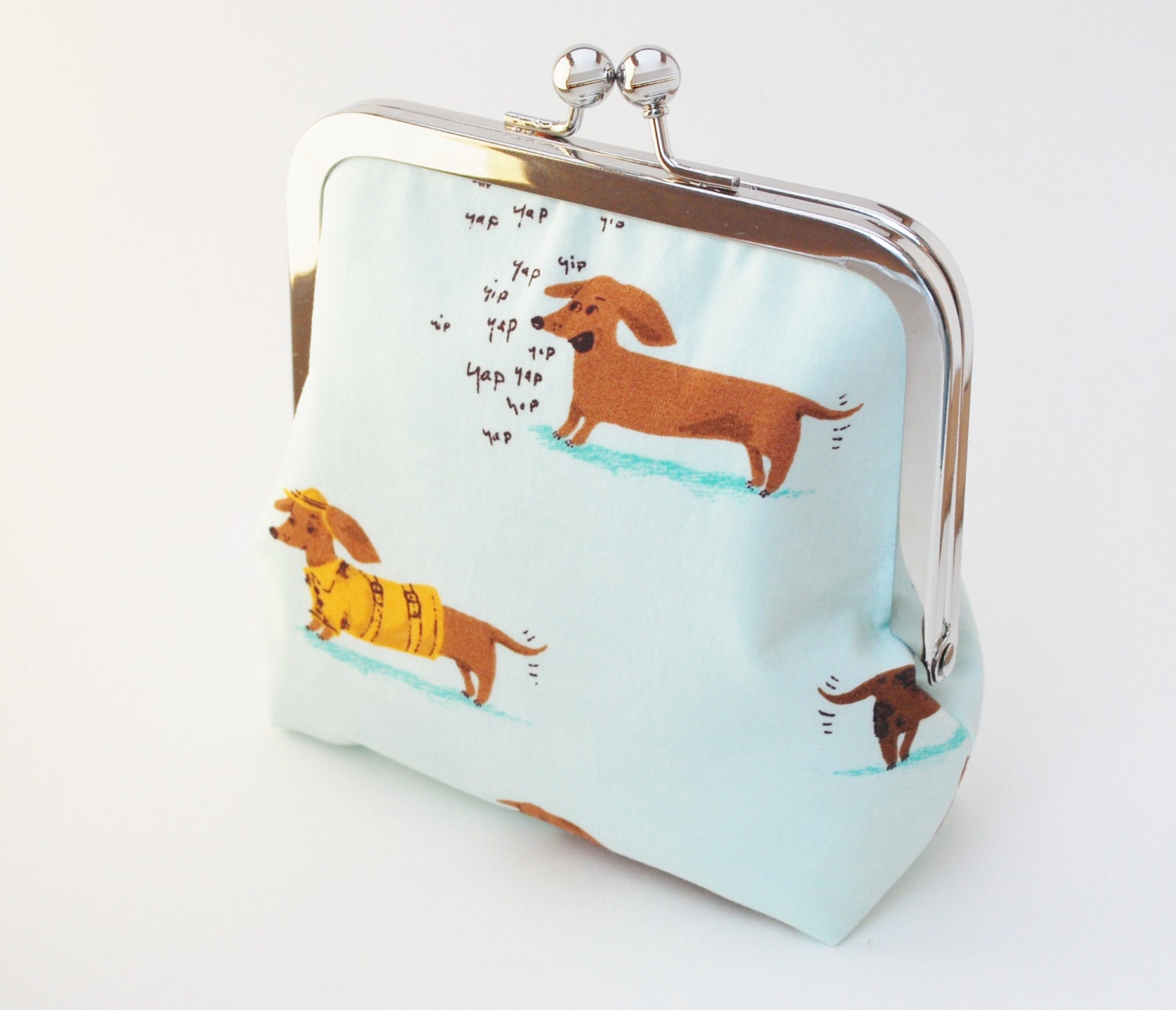 Dachshund Coin Purse, Handmade Vegan Wallet, Cotton Fabric in Light Blue