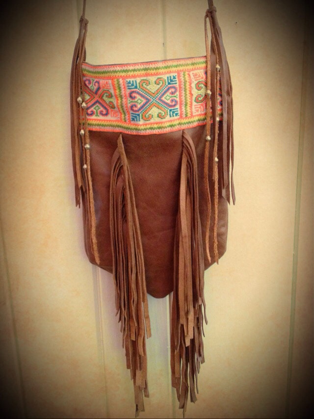 Bright Embroidered Hmong Leather Fringe Crossbody Bag Purse