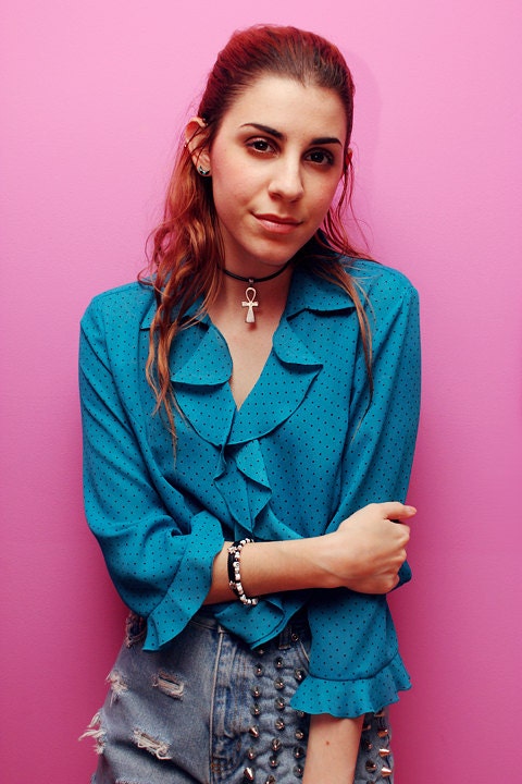 Vintage blue polka-dot party blouse with ruffles