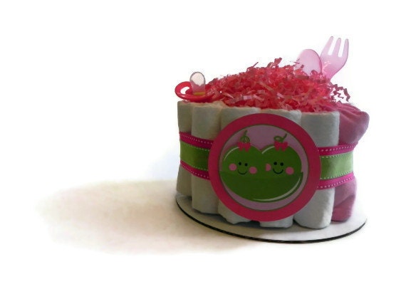 Twin Peas in a Pod Diaper Cake - One Tier baby shower gift decoration centerpiece green pink blue bow tie