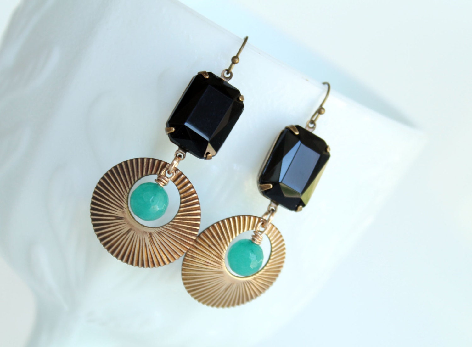 Black and teal rhinestone deco earrings