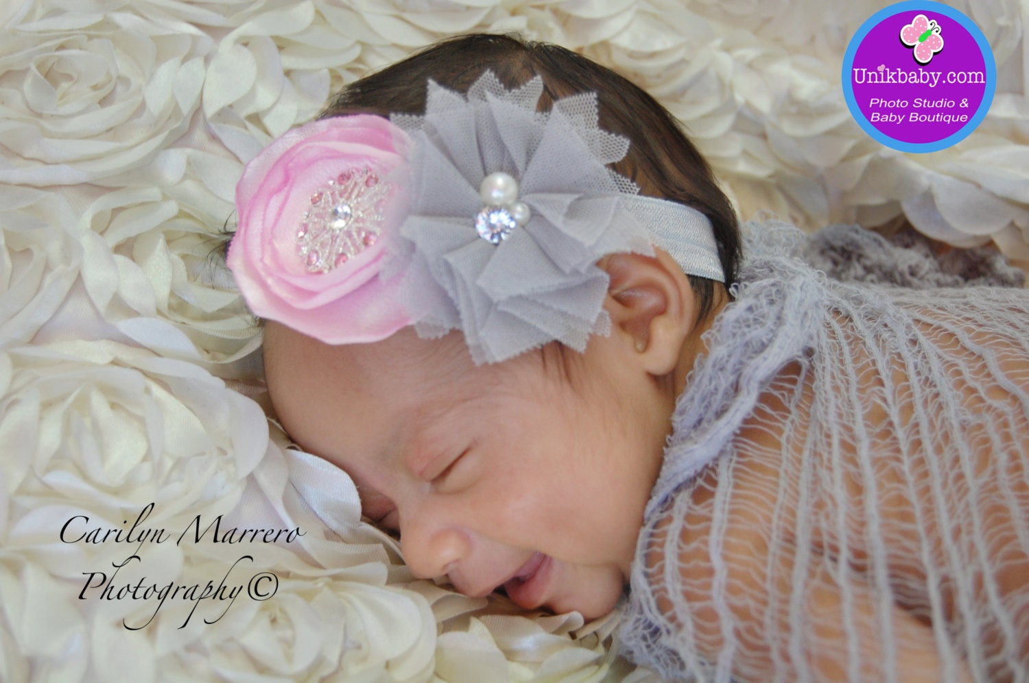 Vintage Newborn Inspired Light Pink Satin Flower & Grey Tulle Headband