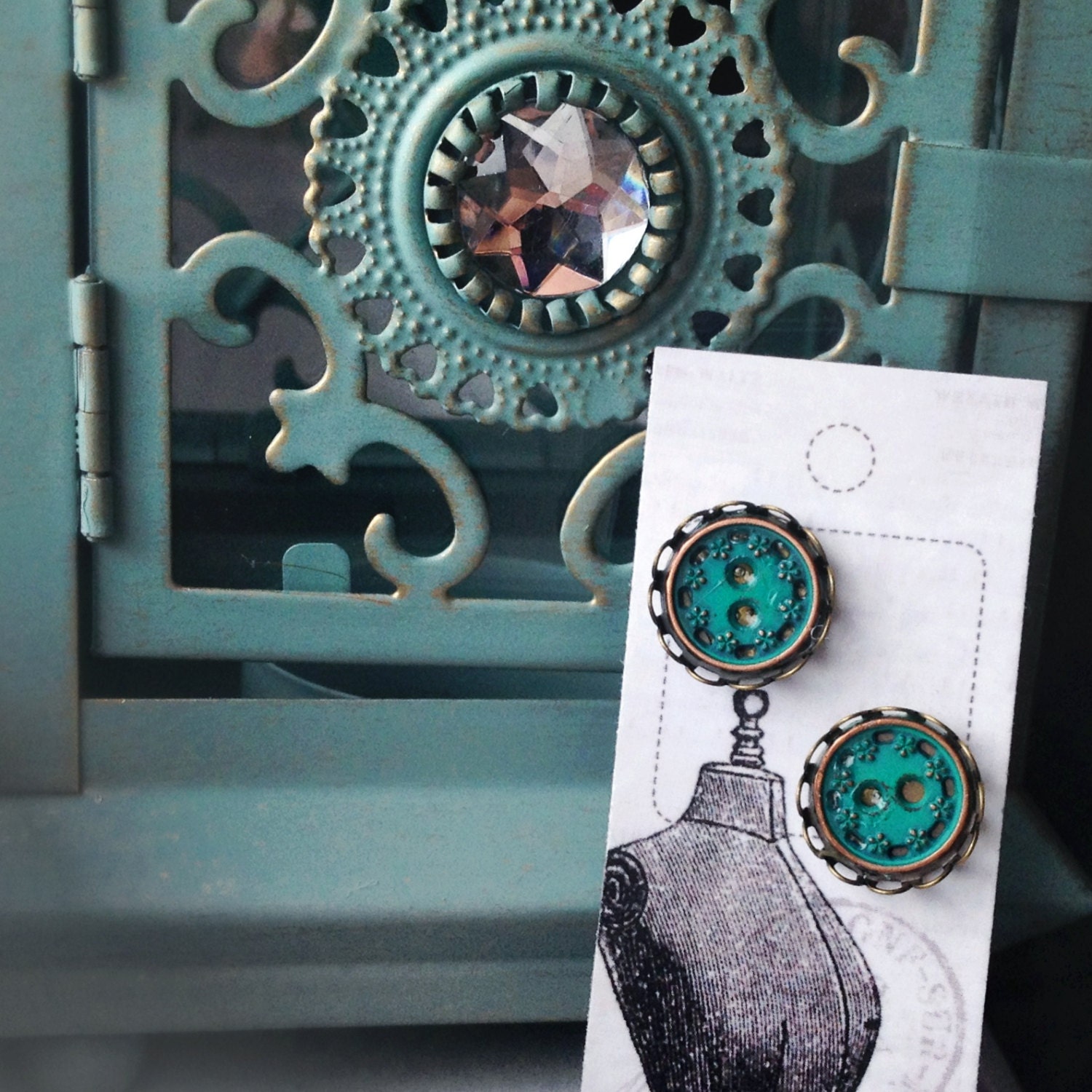 Green Turquoise Studs, Vintage Patina Earrings, Button Cabochon Filigree