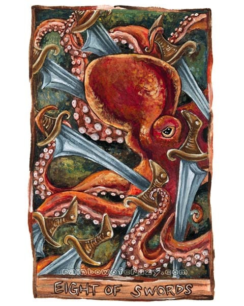 Octopus Print, Tarot Card Art, Eight of Swords, 8x10 Wall Art, Red Octopus Wall Art, Underwater Picture, Octopus Tentacles