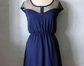 PETIT DEJEUNER - Navy blue chiffon dress with black lace neckline // retro // vintage inspired // nautical // bridesmaid dress