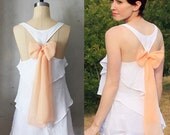 BELOVED AURA - Romantic white flowy tier blouse // pastel blush peach // chiffon sash bow // tunic // tank top // racerback