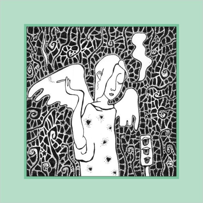 Surreal art print - Black and white graphic drawing - Angel smoking cigarette - bad habits drawing 8x8