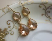 Blush Champagne Earrings Peach Gold Earrings Teardrop Glass Two Tier Bridesmaid Earrings Wedding Earrings Wedding Jewelry Bridesmaid Jewelry