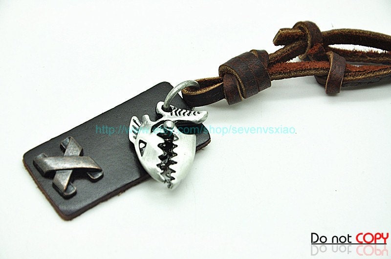 Brown  real Leather and alloy pendant adjustable necklace mens necklace  unisex necklace cool necklace B208