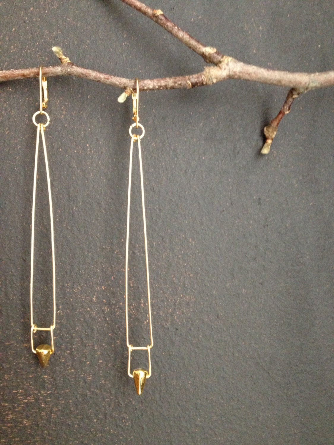 long slim gold taper earrings  24k gold glass spikes