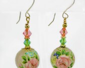 Beautiful Spring Earrings, Gold Fill, Swarovski, Floral Tensha Beads, Rose Peach & Green