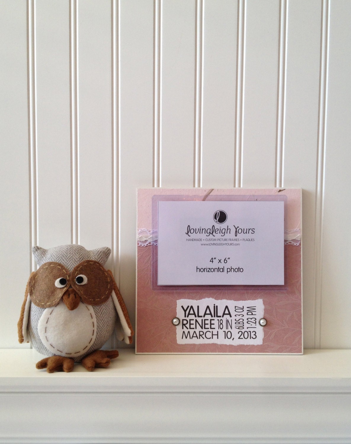 Custom Baby Frame With Birth Information - 8x8 Base With 4x6 Horizontal Photo - Wall or Tabletop Decor - Made To Order