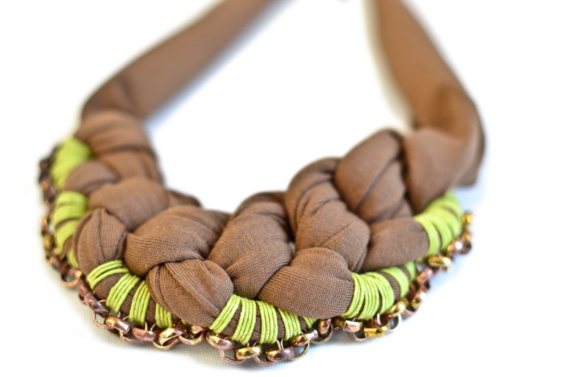 Brown Statement Necklace, Crochet Bib, Warm Brown Lime Green, Brass Copper Chain 46cm