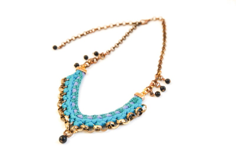 Turquoise Chevron Necklace, Oxidised Brass Copper Chain, Tribal Necklace, Black Beads