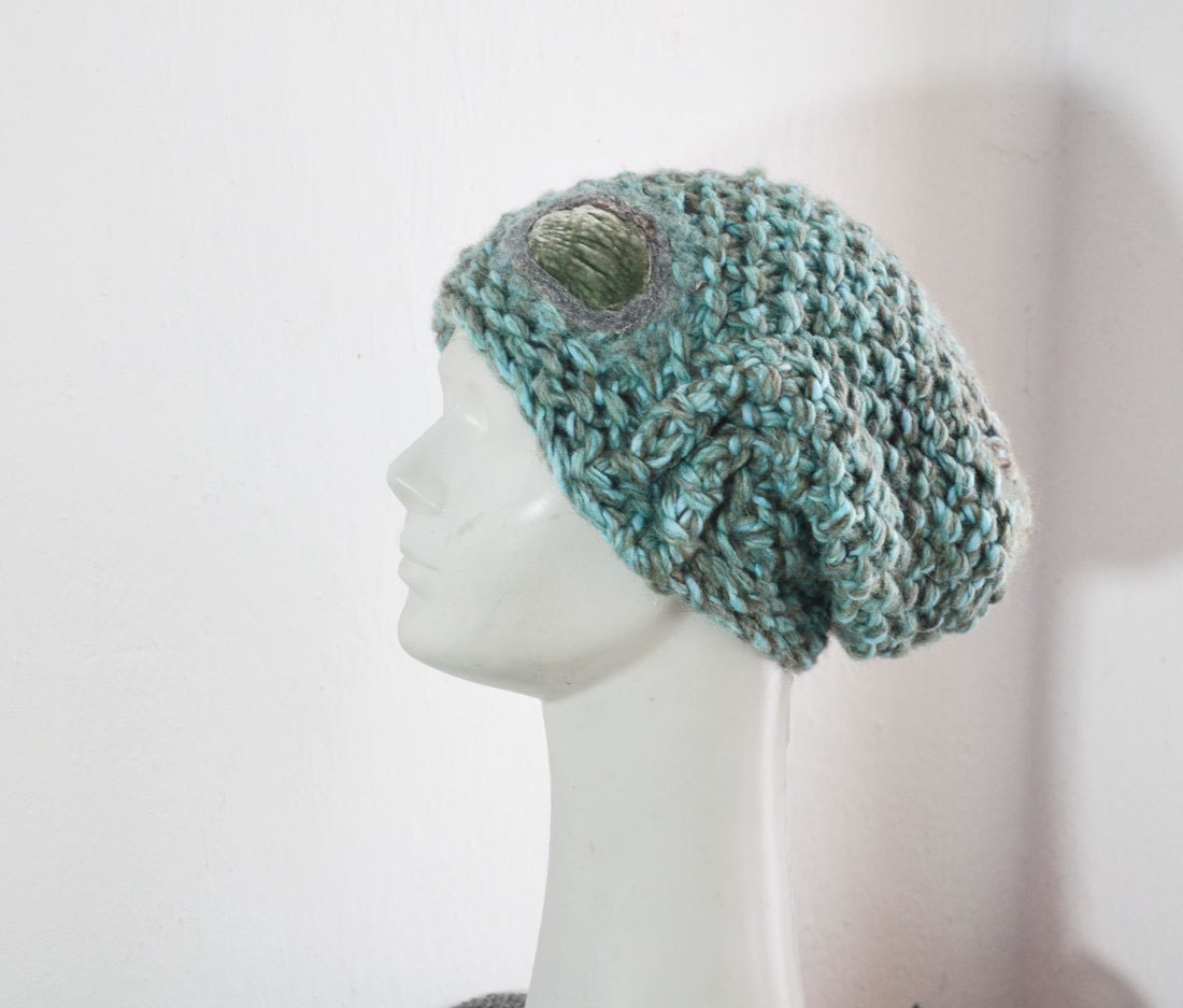 mint Hand knited Slouchy hat, soft, warm, ooak, unique fashion design, pale pastel beige grey, winter beanie, chunky