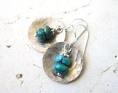 Turquoise Earrings. Sterling Silver Hammered Earrings. Genuine Turquoise Circle Dangle Earrings. Turquoise Jewelry