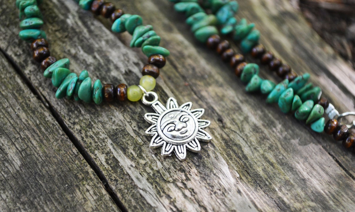 Sun Charm Summer Necklace, Silver Sun Charm Necklace, Turquoise and Wood Ocean Jewelry, Canadian Jewellery