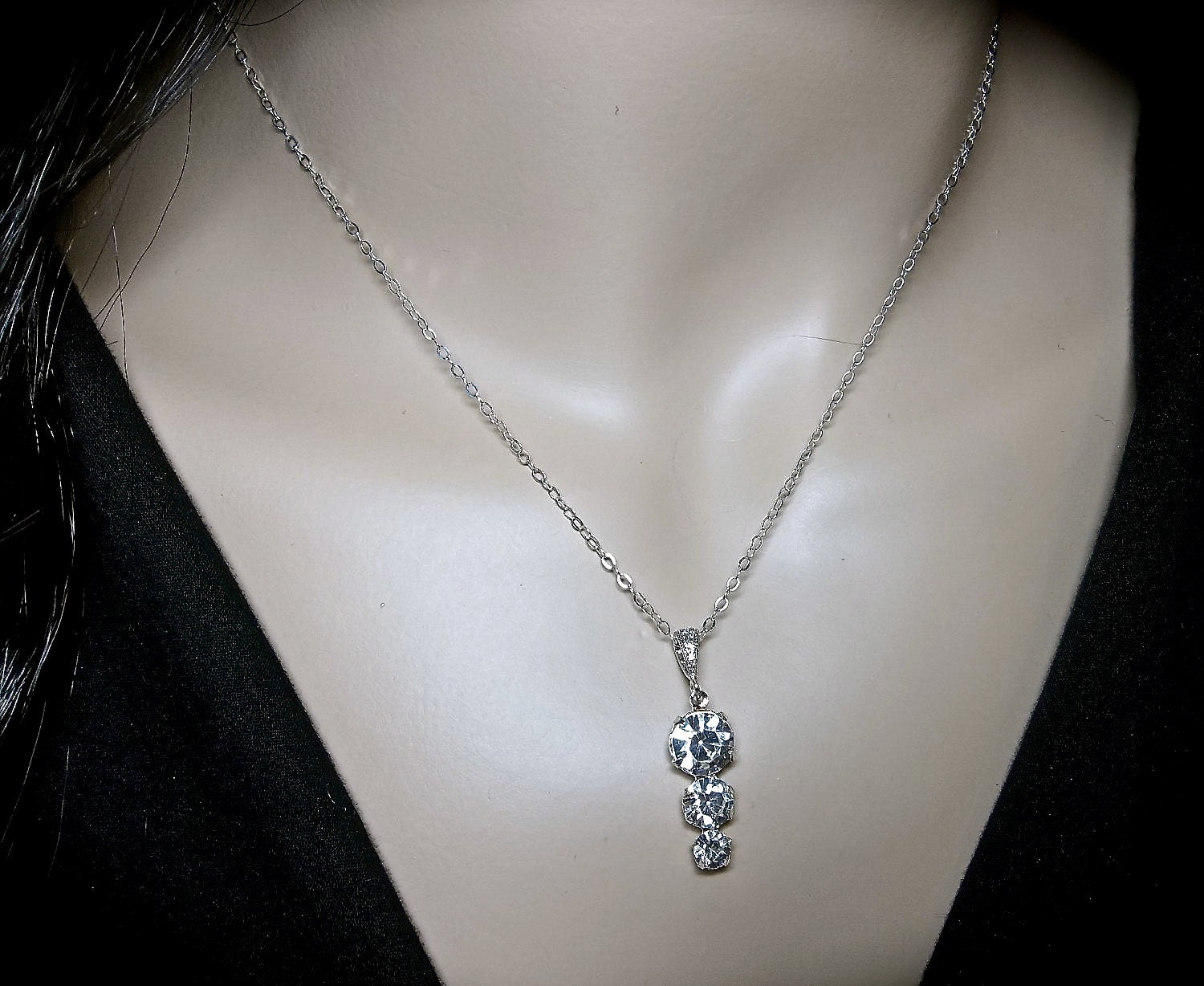 Rhinestone necklace - past, present, future - Sterling Silver - Clear Crystals - Bridal - Anniversary -  gift - Trio - infinity -