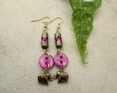 Bohemian Elephant Button Earrings. Magenta and Bronze. Summer Jewery, Yoga Jewelry.