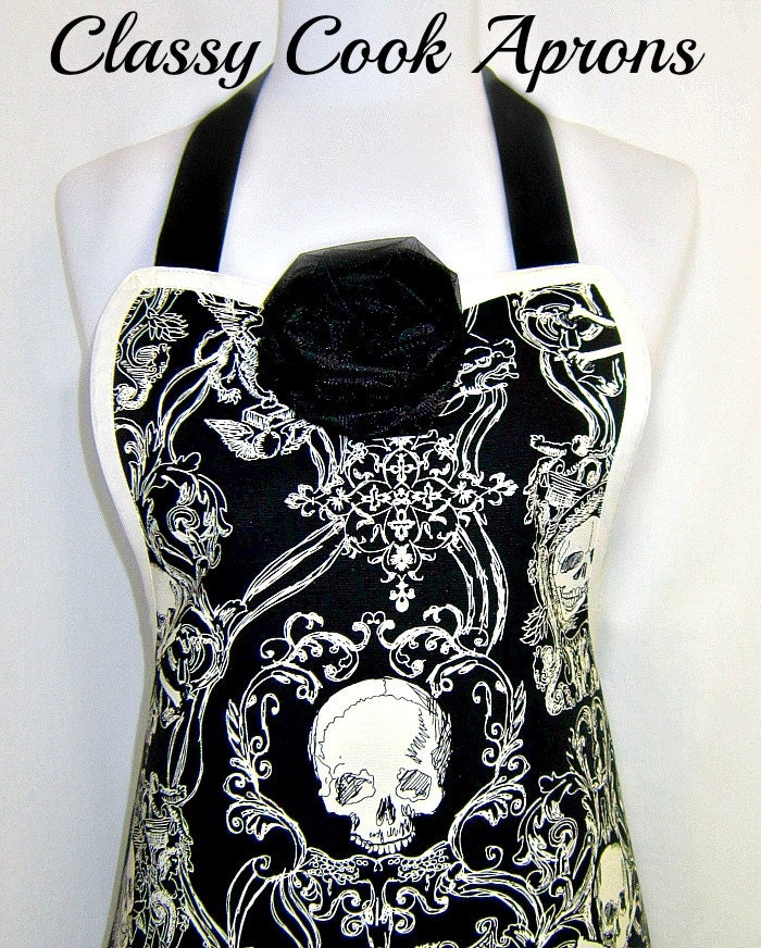 Buy unique gifts - Apron SKULLDUGGERY in EBONY &amp; IVORY, Elegant Goth, Alexander Henry, Hostess Party Unique Gift