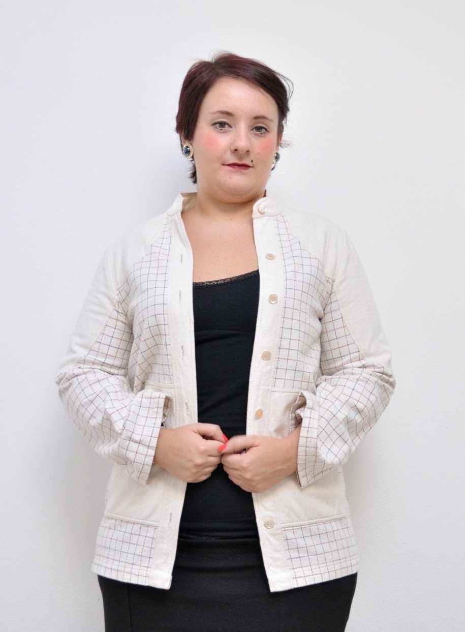 Vintage 1970 ivory checked blouse (M)