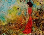 16x16 Beautiful Woman Inspiring Nature Mixed Media Folk Art Painting Janelle Nichol Come Back Home to You