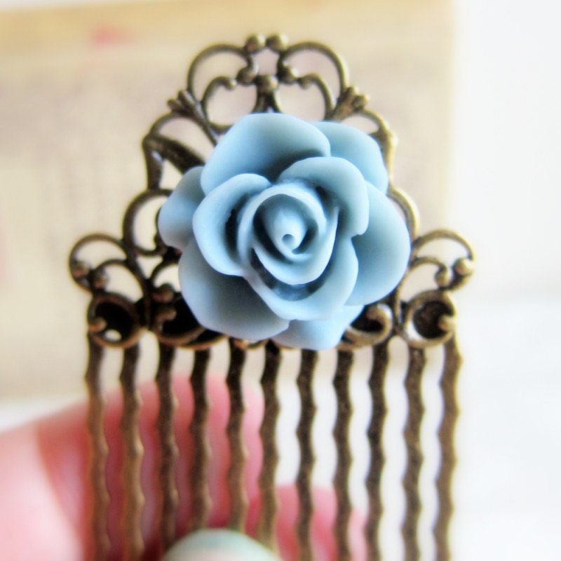 Blue Wedding Comb Gray Blue Flower Hair Comb Dusky Blue Hair Piece Vintage Style Wedding Comb Shabby Chic Bridal Comb