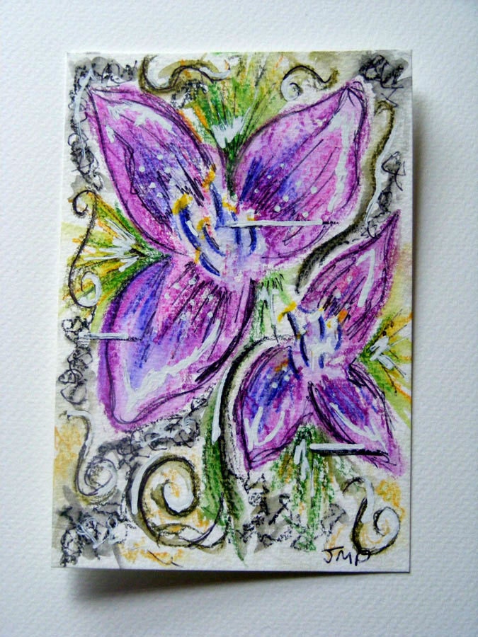 Original Art, Purple Flowers, Handmade Postcard, psychedelic flowers, Mixed Media Drawing, 6 x 4